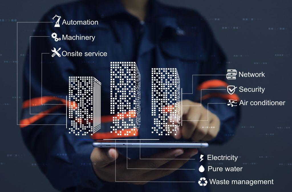 multifamily ai tools Person holding a tablet with digital buildings and icons representing automation, machinery, onsite service, network, security, air conditioning, electricity, pure water, and waste management. mpro Digital Edge