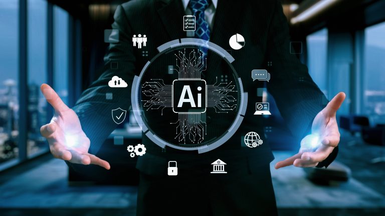 multifamily ai tools Person in a suit gesturing towards an AI-themed digital interface with various icons representing technology, communication, and data sectors. mpro Digital Edge