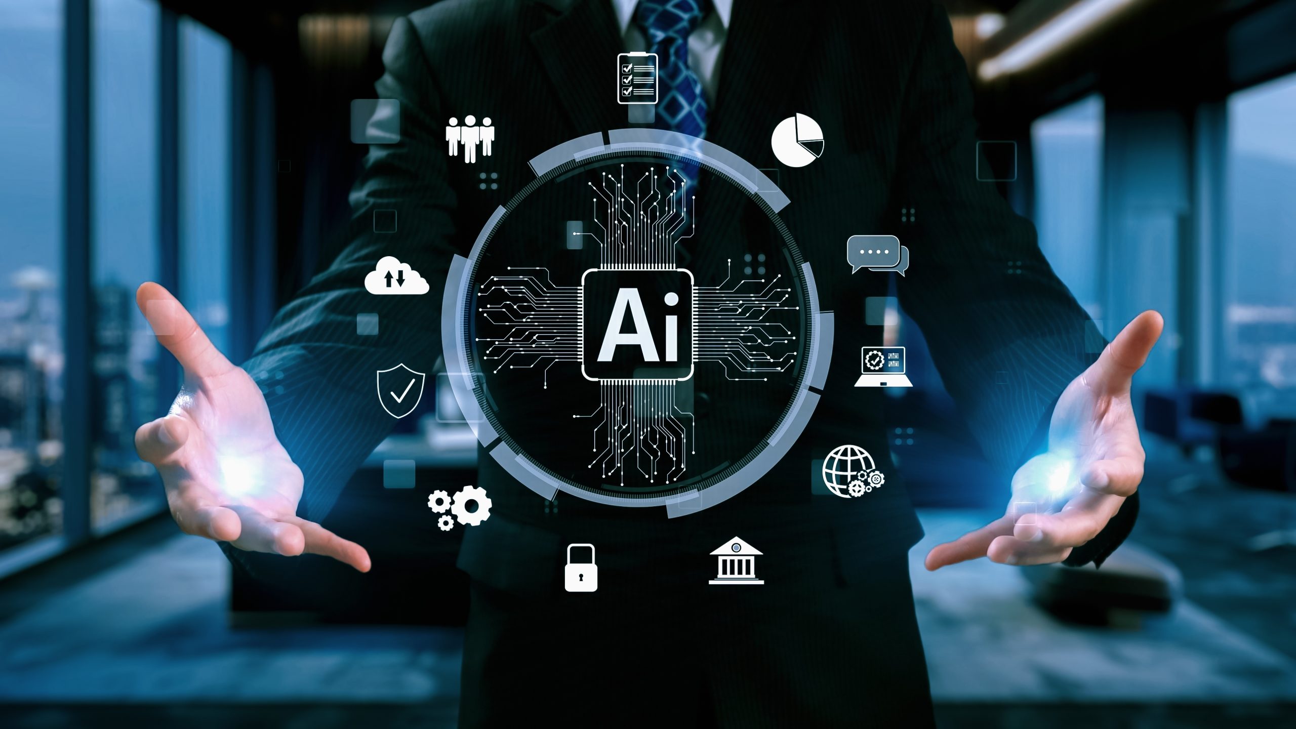 multifamily ai tools Person in a suit gesturing towards an AI-themed digital interface with various icons representing technology, communication, and data sectors. mpro Digital Edge