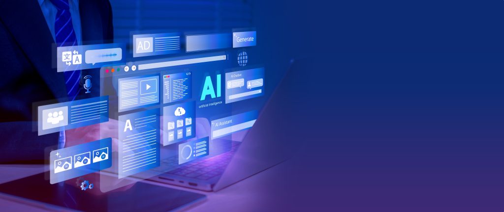multifamily ai tools A person uses a laptop displaying digital icons such as AI, video, settings, and ads. The background is a gradient of blue tones. mpro Digital Edge