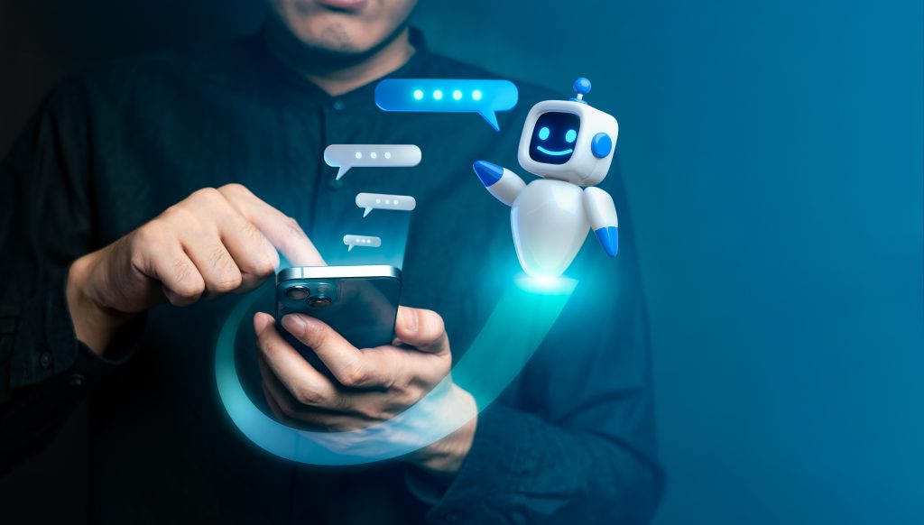 multifamily ai tools Person using a smartphone with holographic chatbot displaying conversation bubbles. mpro Digital Edge
