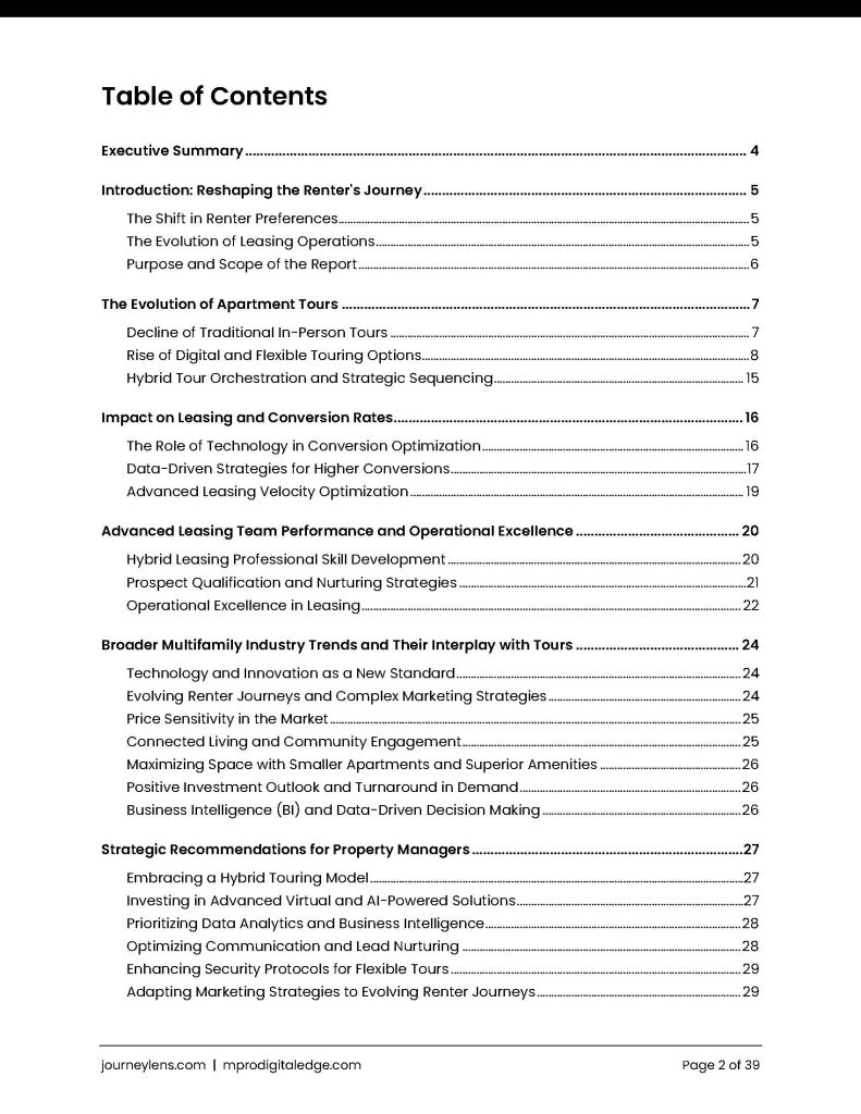 multifamily ai tools, multifamily AI tools, property management software, apartment leasing AI, AI property management, multifamily technology, property management automation, apartment marketing tools, resident experience software, AI leasing assistant, property operations software, multifamily chat assistants, apartment maintenance AI, property management AI, multifamily document intelligence, apartment visual analysis, property video generation, multilingual property management, multifamily team productivity, apartment operations software, property management efficiency A black and white Table of Contents page listing sections and topics for a report on apartment leasing, renter journeys, leasing strategies, and property management. mpro Digital Edge